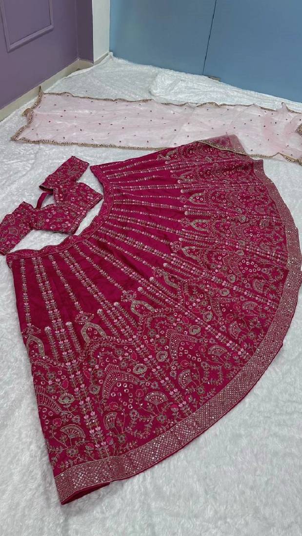Deep Pink Slub Silk Lehenga Set