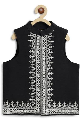 Black embroidered cotton nehru jacket