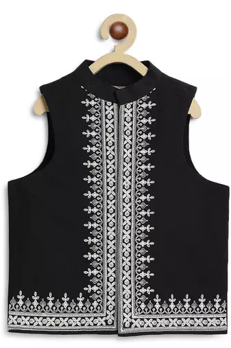 Black embroidered cotton nehru jacket