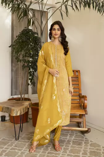 Viscose dola silk embroidered straight kurta set with dupatta