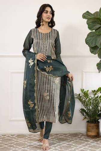 Viscose dola silk embroidered straight kurta set with dupatta