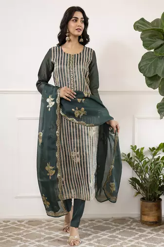 Viscose dola silk embroidered straight kurta set with dupatta