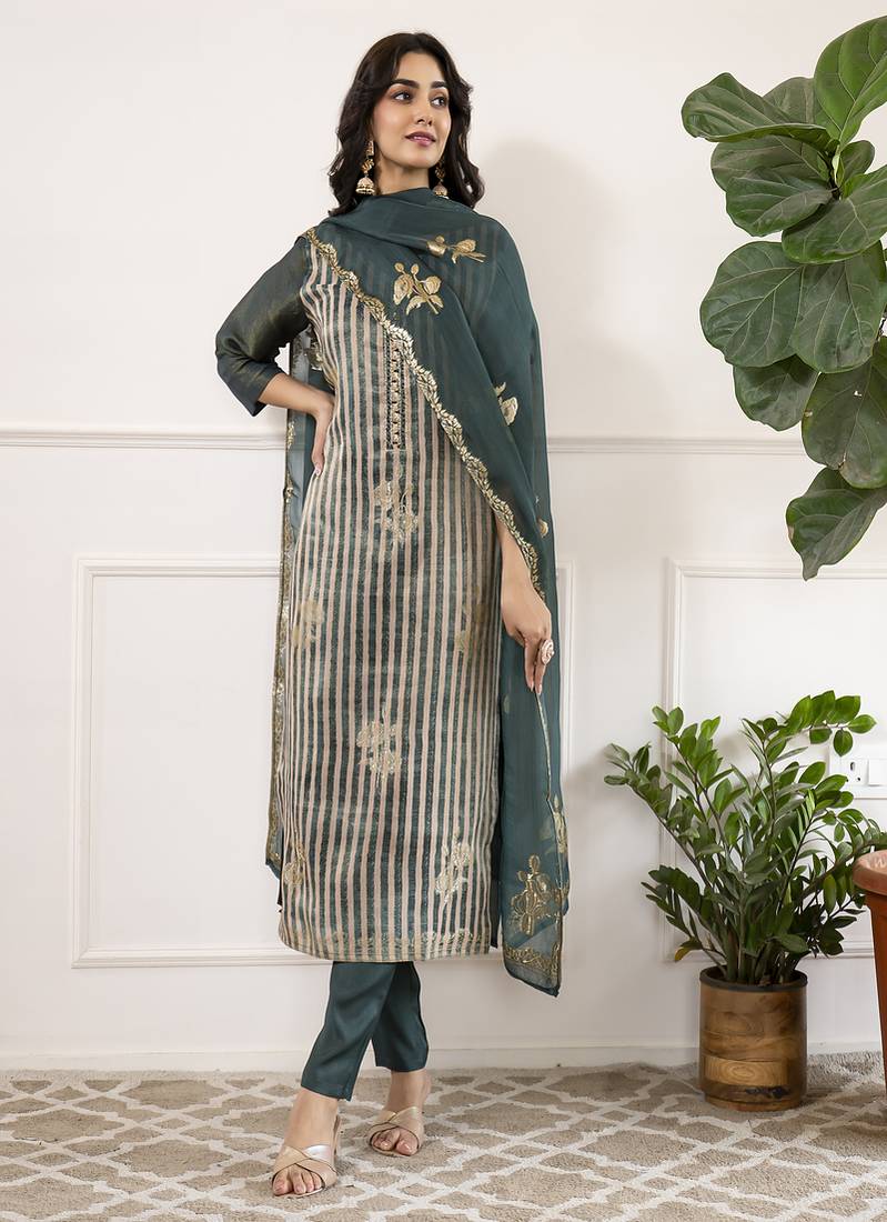 Viscose dola silk embroidered straight kurta set with dupatta