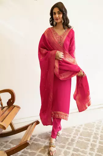 Viscose dola handworked straight kurta pant set with dupatta