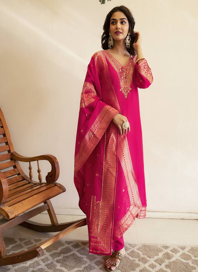 Viscose dola handworked straight kurta pant set with dupatta