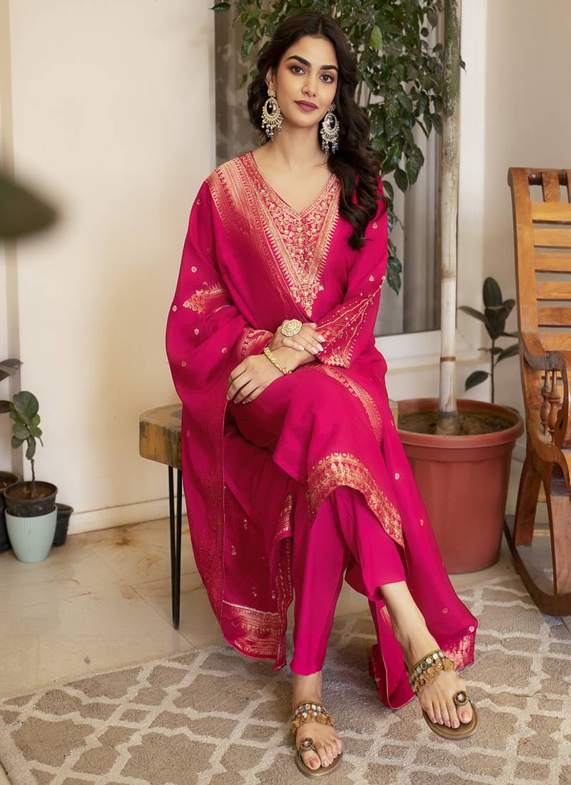 Viscose dola handworked straight kurta pant set with dupatta