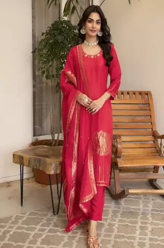 Viscose dola silk handworked straight kurta pant set with dupatta