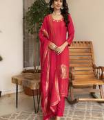 Viscose dola silk handworked straight kurta pant set with dupatta