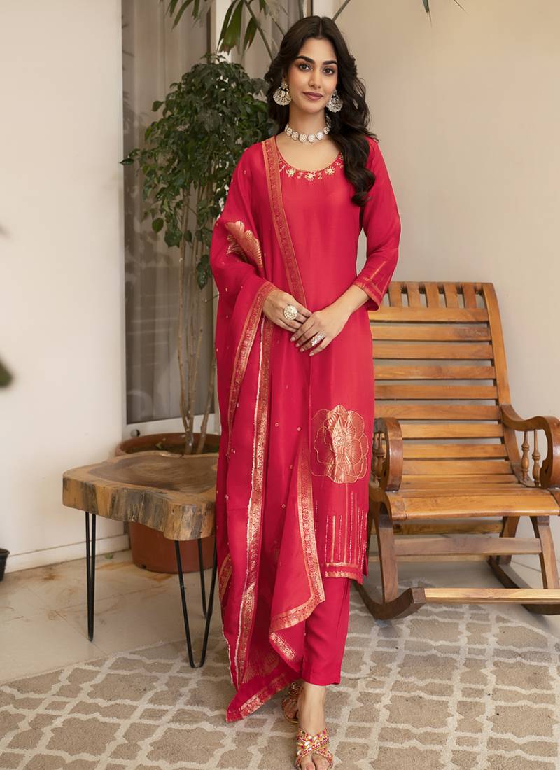 Viscose dola silk handworked straight kurta pant set with dupatta