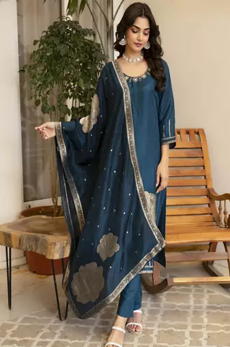 Peacock blue viscose dola silk handworked straight kurta pant set with dupatta