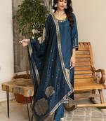 Peacock blue viscose dola silk handworked straight kurta pant set with dupatta