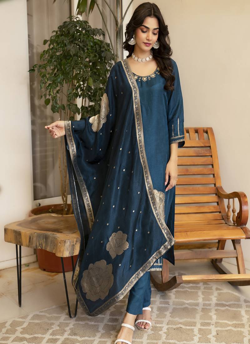 Peacock blue viscose dola silk handworked straight kurta pant set with dupatta