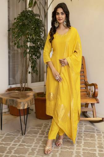 Viscose dola silk handworked straight kurta pant set with dupatta