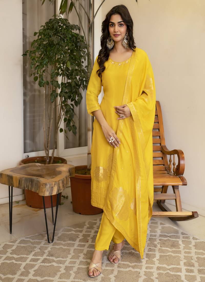 Viscose dola silk handworked straight kurta pant set with dupatta