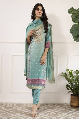 Viscose organza embroidery straight kurta pant set with dupatta