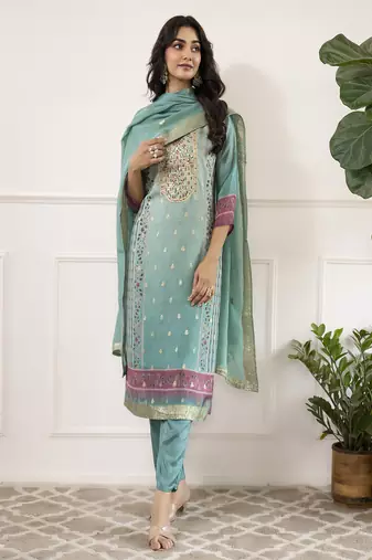 Viscose organza embroidery straight kurta pant set with dupatta