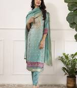 Viscose organza embroidery straight kurta pant set with dupatta