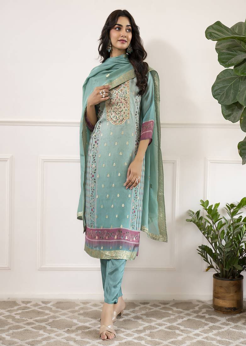 Viscose organza embroidery straight kurta pant set with dupatta