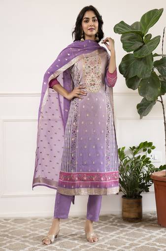 Viscose organza embroidery straight kurta pant set with dupatta