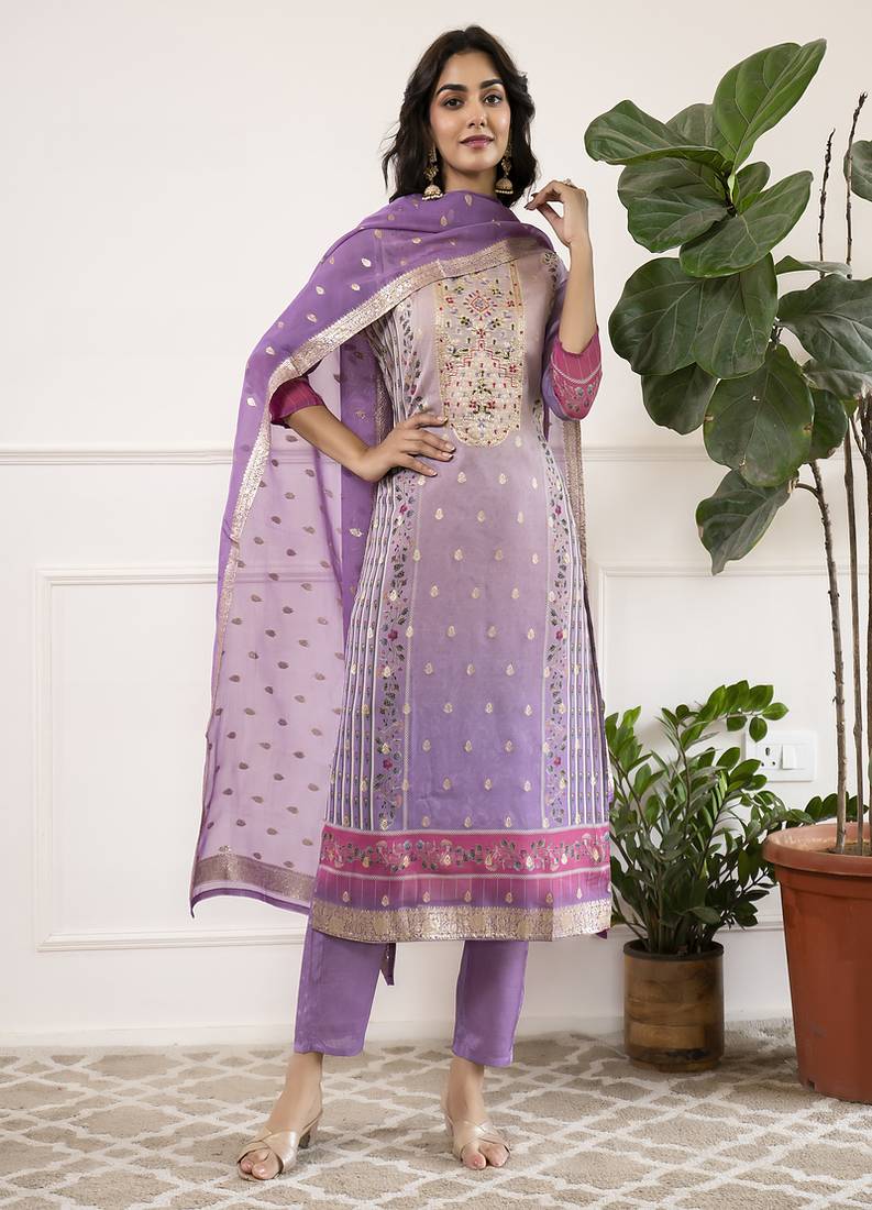 Viscose organza embroidery straight kurta pant set with dupatta