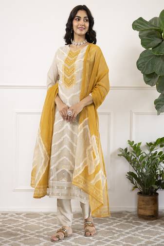 Linen handwork straight kurta pant set with linen dupatta