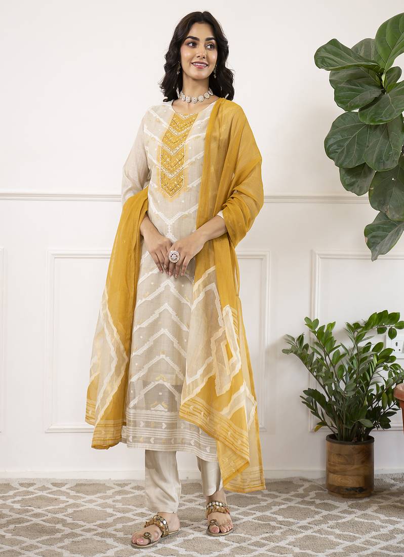 Linen handwork straight kurta pant set with linen dupatta