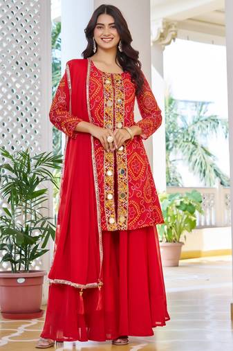  Red Embroidered Georgette Function Wear Palazzo Suit