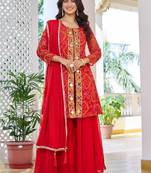  Red Embroidered Georgette Function Wear Palazzo Suit