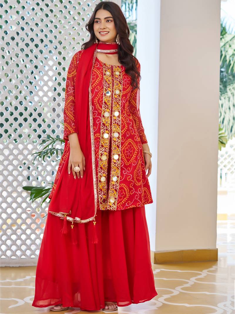  Red Embroidered Georgette Function Wear Palazzo Suit