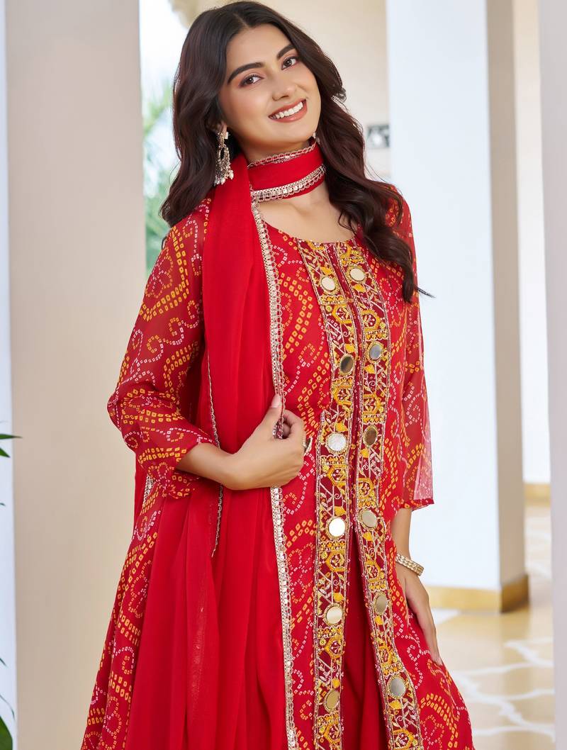  Red Embroidered Georgette Function Wear Palazzo Suit