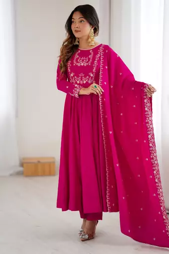 Pink Beads Work Chanderi Silk Anarkali Suit