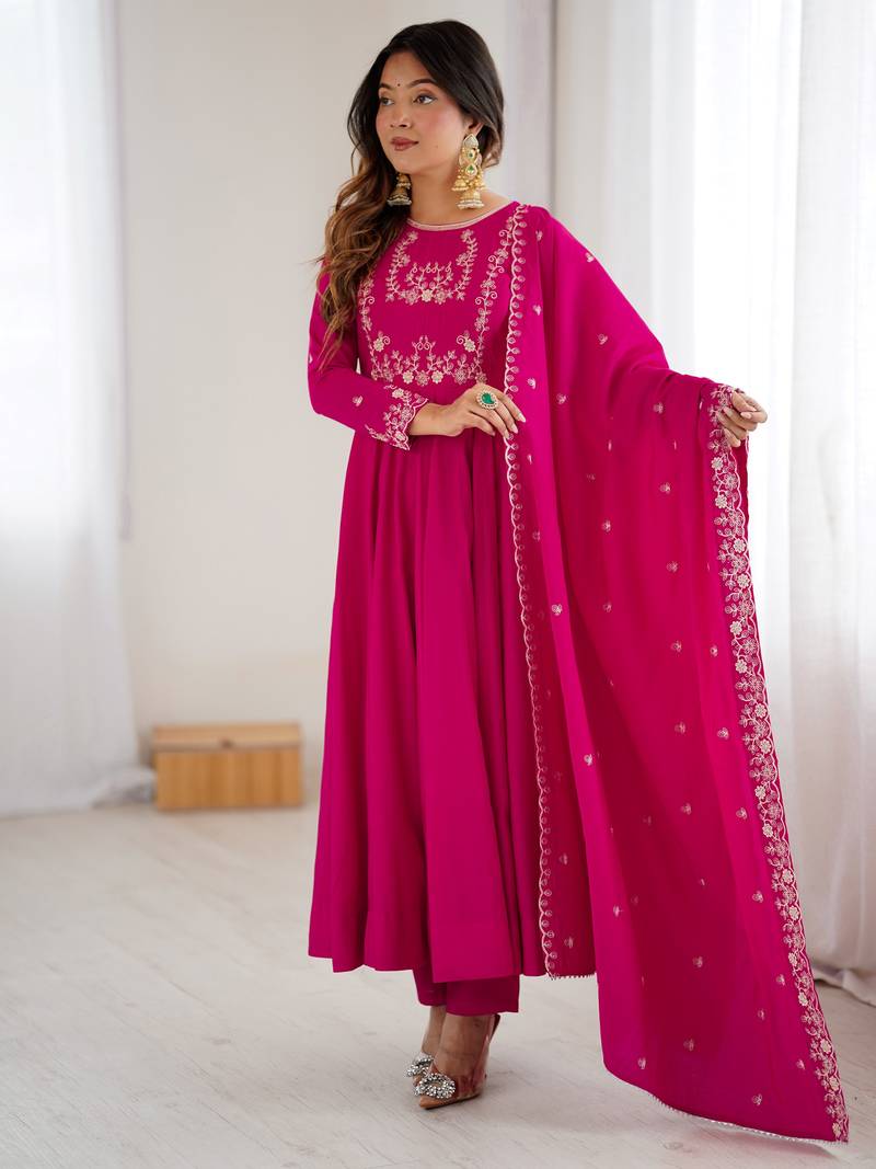 Pink Beads Work Chanderi Silk Anarkali Suit