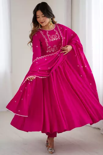 Pink Beads Work Chanderi Silk Anarkali Suit