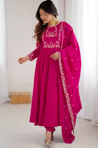 Pink Beads Work Chanderi Silk Anarkali Suit