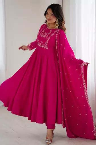 Pink Beads Work Chanderi Silk Anarkali Suit