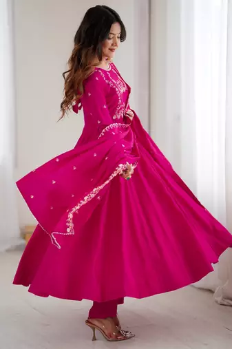 Pink Beads Work Chanderi Silk Anarkali Suit