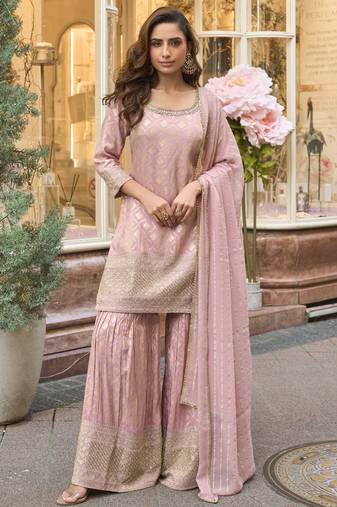 Baby pink viscose jacquard silk embroidered plazzo suit