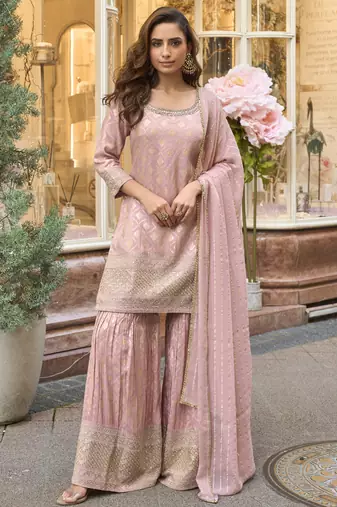 Baby pink viscose jacquard silk embroidered plazzo suit