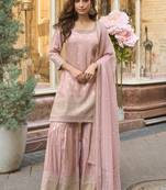 Baby pink viscose jacquard silk embroidered plazzo suit