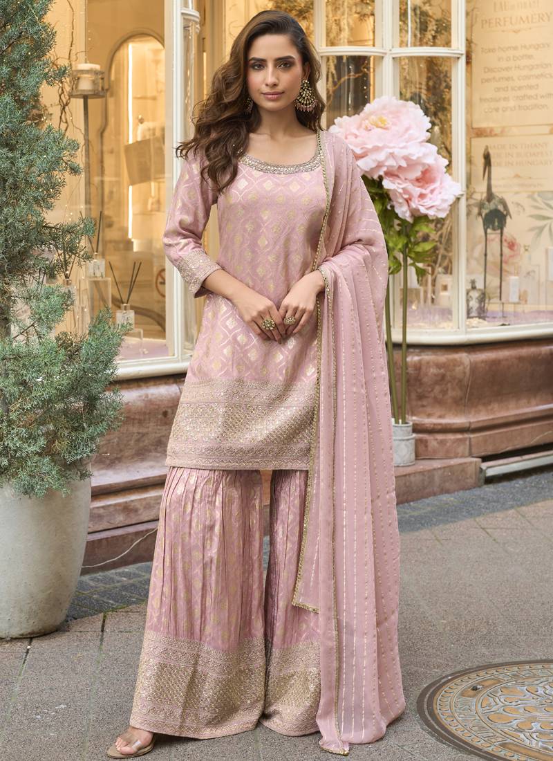 Baby pink viscose jacquard silk embroidered plazzo suit