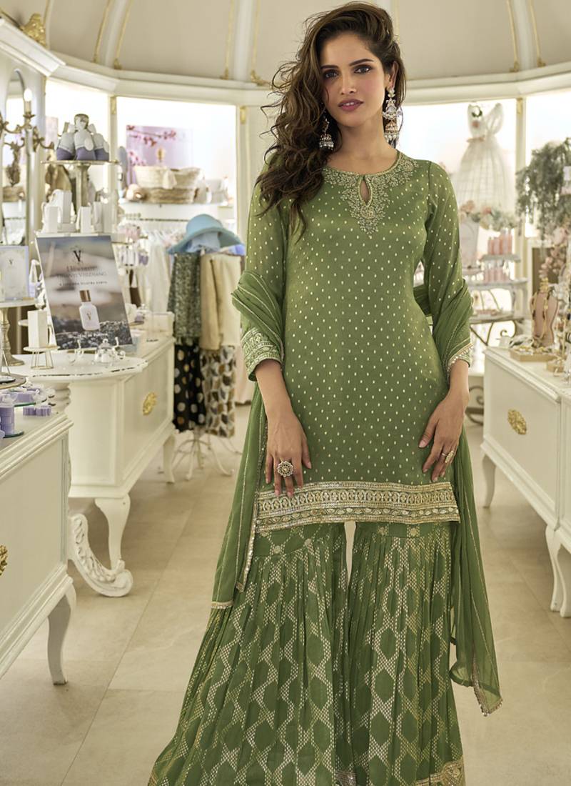 Mahendi viscose jacquard silk embroidered plazzo suit