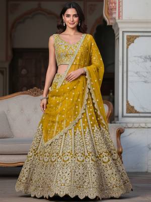 yellow zari work soft net lehenga set choli with dupatta 1