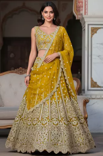 yellow zari work soft net lehenga set choli with dupatta