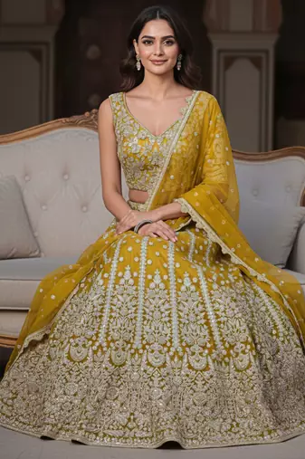 yellow zari work soft net lehenga set choli with dupatta