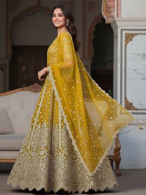 yellow zari work soft net lehenga set choli with dupatta 3