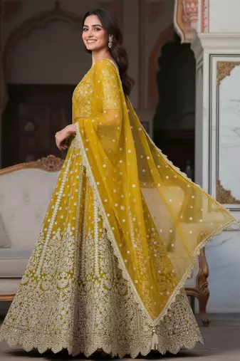 yellow zari work soft net lehenga set choli with dupatta