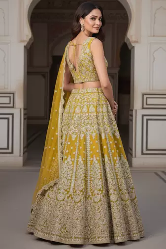 yellow zari work soft net lehenga set choli with dupatta