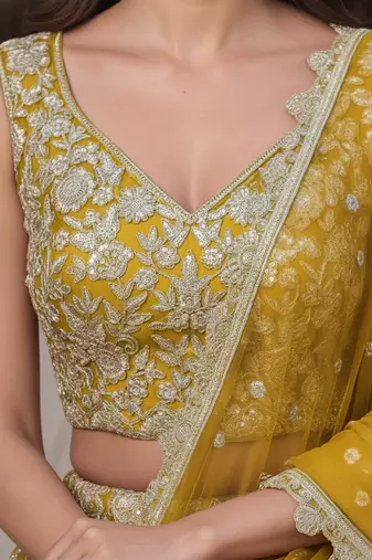 yellow zari work soft net lehenga set choli with dupatta