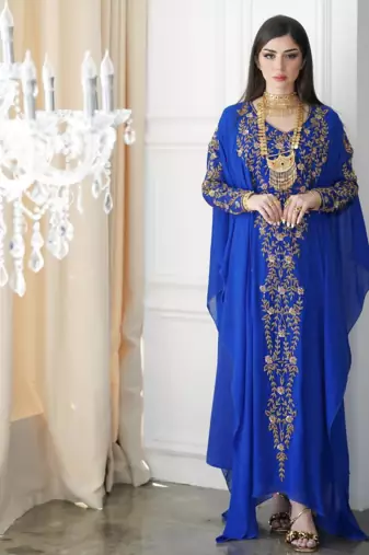 Royal Blue Moroccan Style Kaftan with Heavy Golden Embroidery for Women 