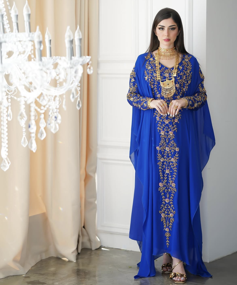 Royal Blue Moroccan Style Kaftan with Heavy Golden Embroidery for Women 